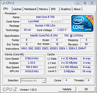 Core i5-750 @ 3.8 GHz CPU-Z